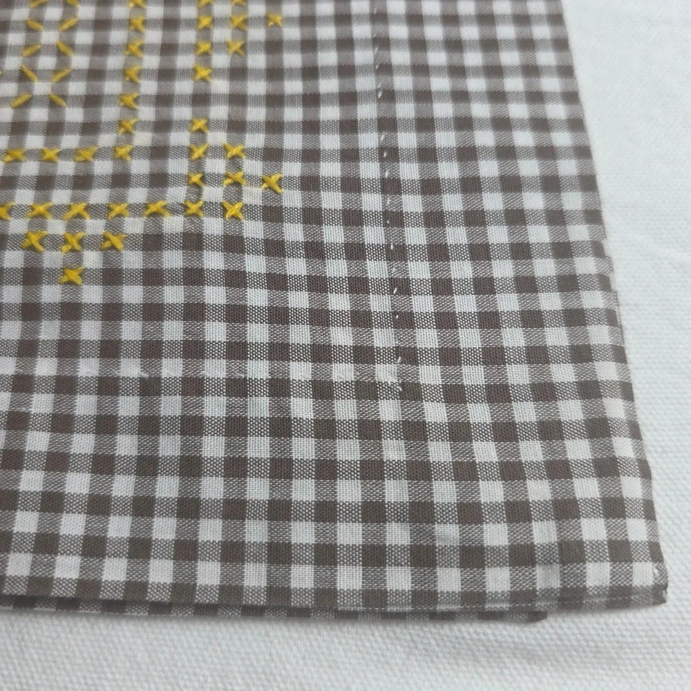 Vintage Brown Gingham Hand Embroidered Yellow Cross Stitch Tablecloth 32x31